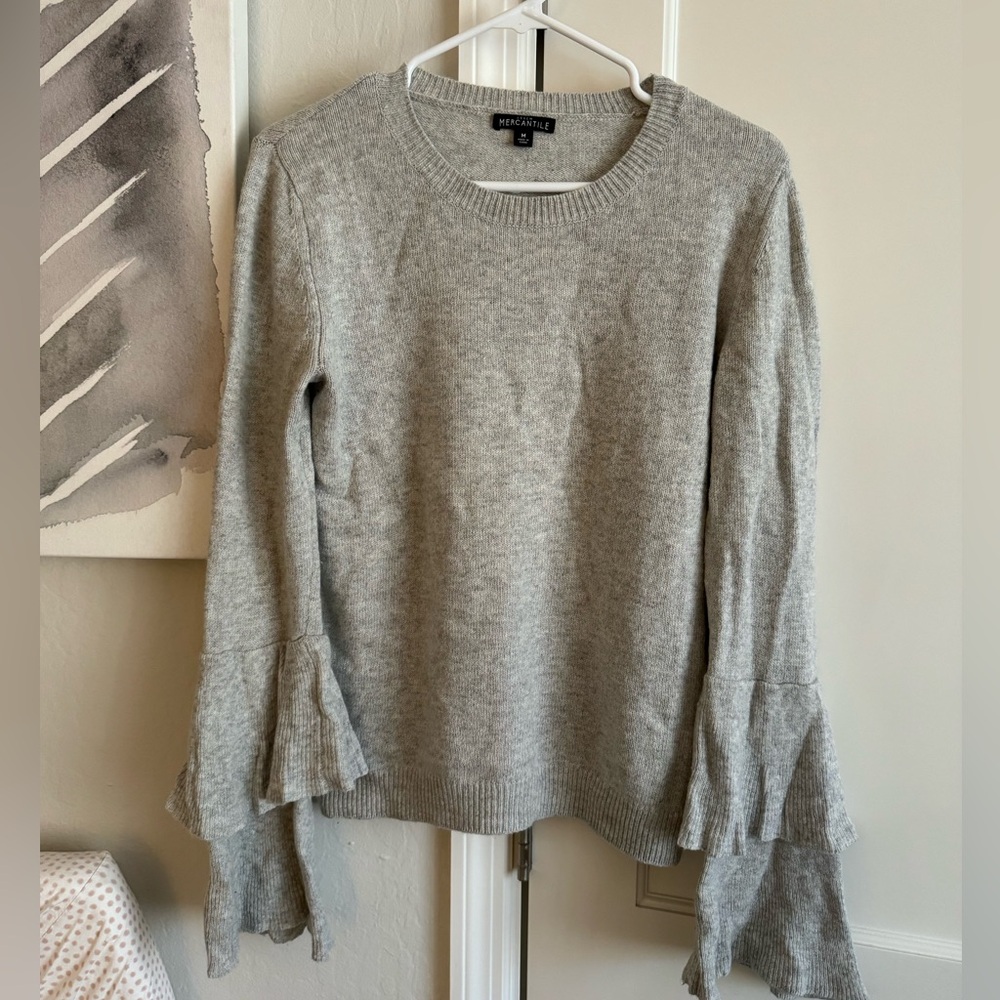 J Crew Grey Ruffle Sleeve Sweater - Wool Sz M